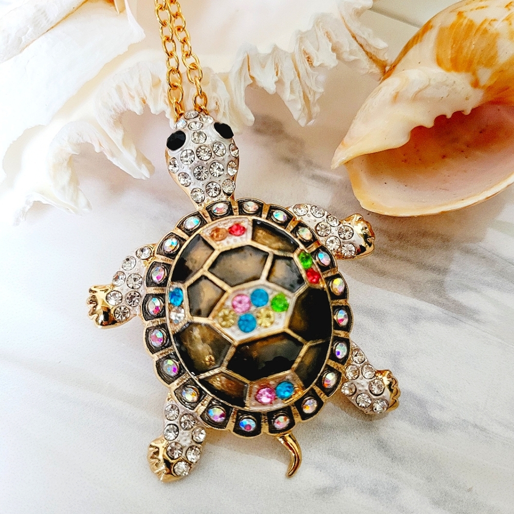Brown Turtle in Multi-color  Rhinestones Brooch Pendant 4-in-1 Bonus Nwt